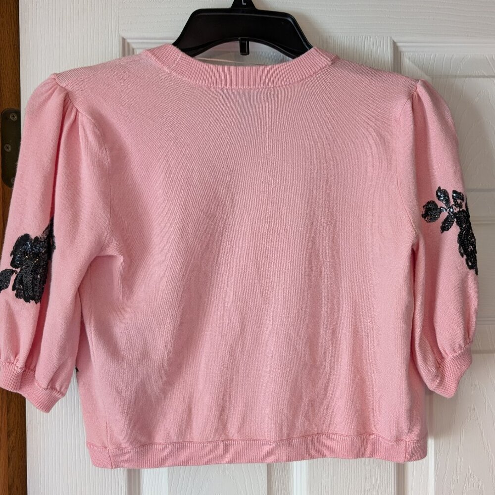 Rockabilly Macy's INC Pink Cardigan Shrug, Black Sequin Roses Women’s Small - Picture 4 of 7